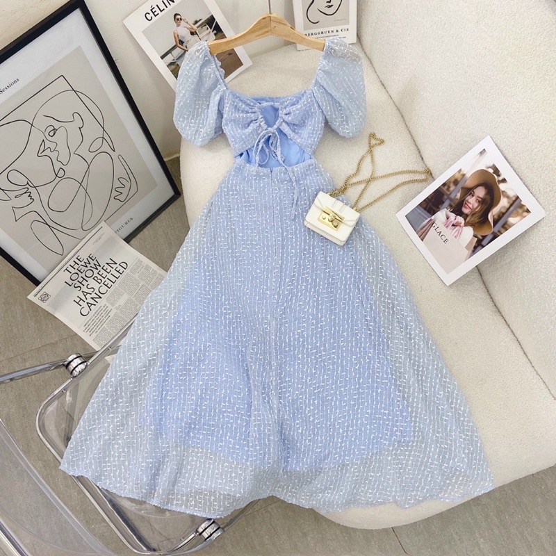 🦋Đầm Midi Xanh Ren Bi Cutou Khoe Lưng🦋