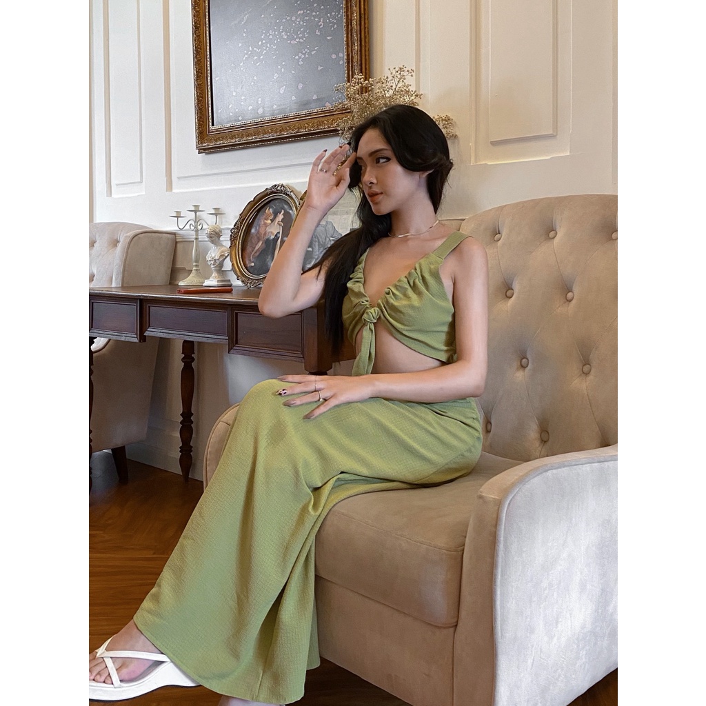 The Tactful Đầm xanh dài dây rút ngực, khoét eo Meadow Dress