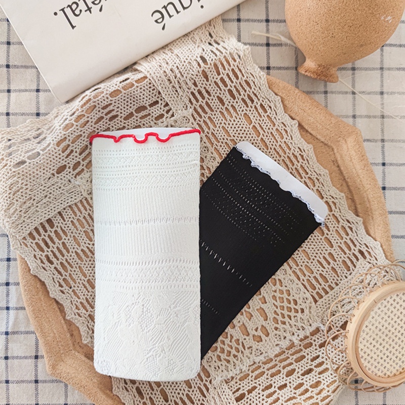 Xiangbao Vớ Cao Tới Bắp Chân Phối Ren Hoa Rỗng Viền Diềm Xếp Nếp Màu Sắc Tương Phản Cổ Điển Ngọt Ngào