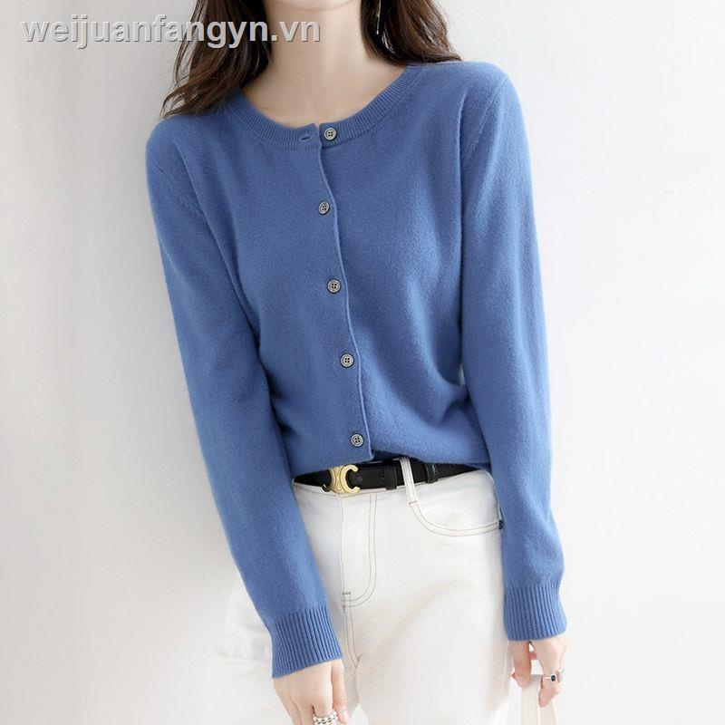 Áo Cardigan Dệt Kim Tay Dài Cổ Tròn Dáng Rộng Thoáng Khí Màu Trơn Thời Trang