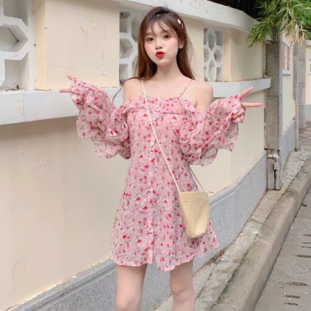 ORDER+ẢNH THẬT| Đầm voan 2 dây trễ vai hoa nhí Ulzzang siêu cute