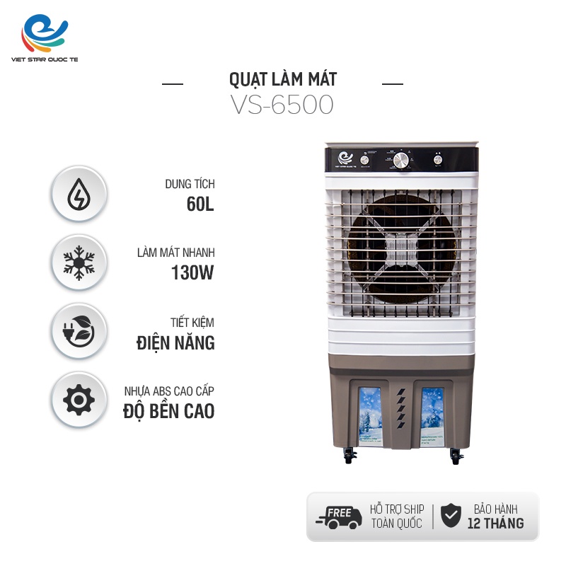 Quạt hơi nước VIET STAR VS-6500 -Ngắt Nước Tự Động- Công suất 130W-60L -Làm lạnh 4 chiều-Tặng 2 đá khô-bảo hành 12 tháng