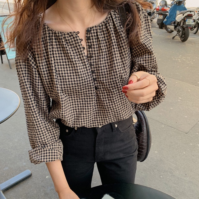 Linki ✪ Áo Sơ Mi Nữ Tay Dài Cổ Tròn Dáng Rộng Họa Tiết Caro Thời Trang Hàn Quốc