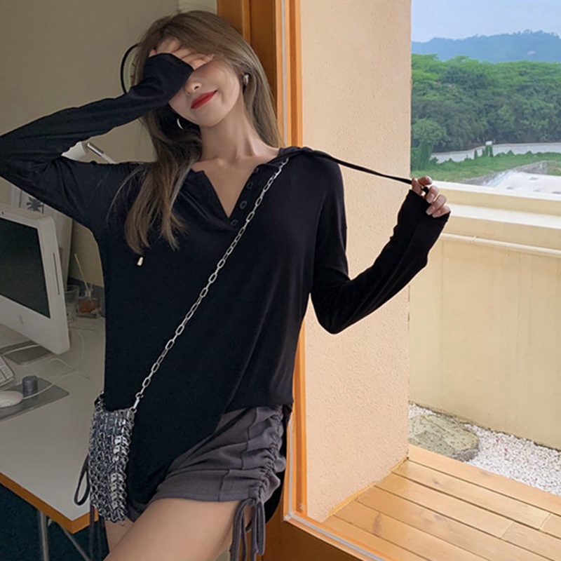 IELGY Bộ Áo Thun Tay Dài Có Mũ Trùm + Quần Short Mỏng Thời Trang