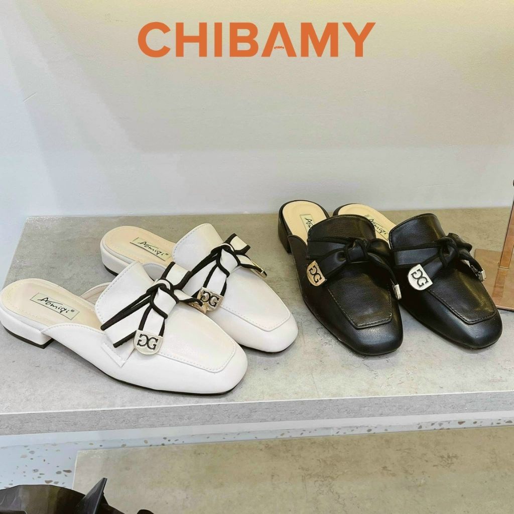 Giày Sục nữ DG mũi vuông CHIBAMY chất da mềm thắt nơ phong cách nhẹ nhàng, sang chảnh đế 2cm