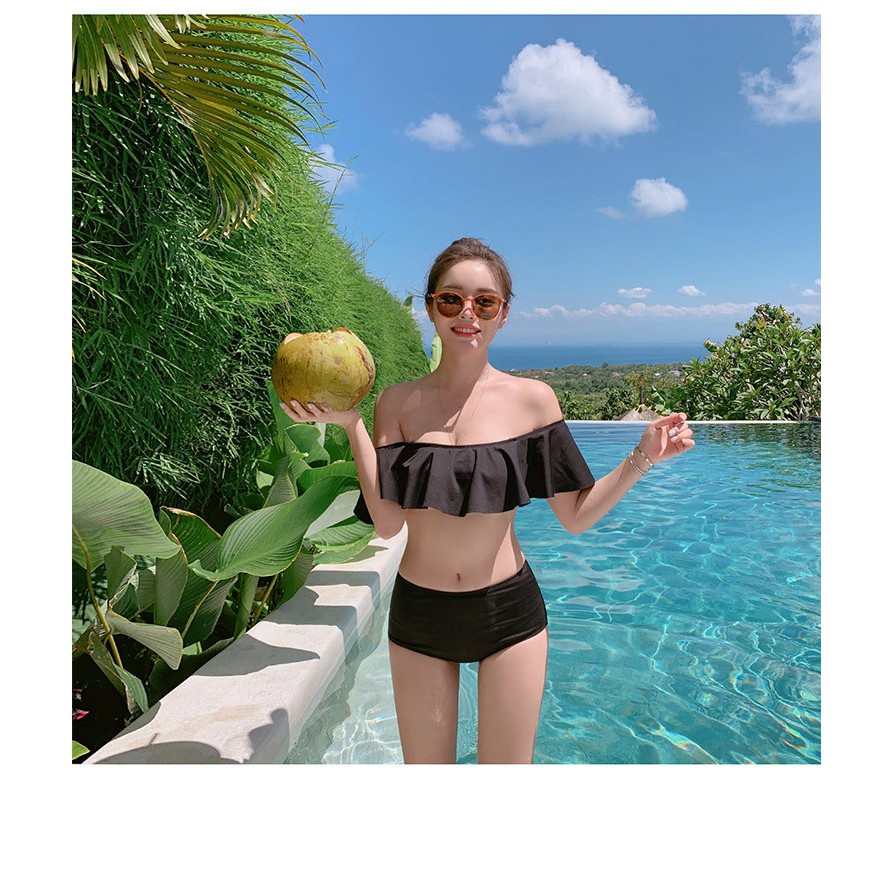 BIKINI Bộ đồ bơi nữ đi biển 2 mảnh áo bơi có sẵn mút trễ vai bèo - quần bơi cạp cao (Đen trơn)