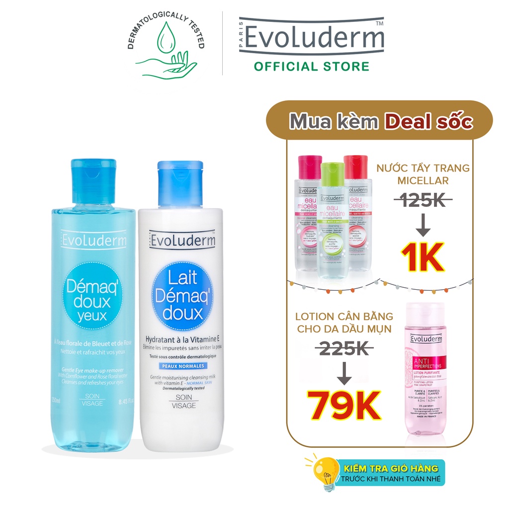 Bộ chăm sóc da Evoluderm Tẩy trang mắt môi 250ml và Sữa tẩy trang 250ml