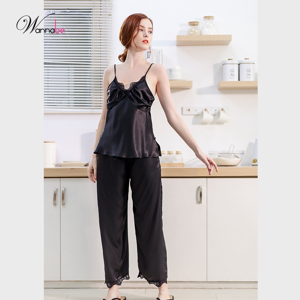 Đồ bộ mặc nhà phi lụa cao cấp Wannabe, bộ dài BDS38 áo hai dây quần dài nữ tính trẻ trung
