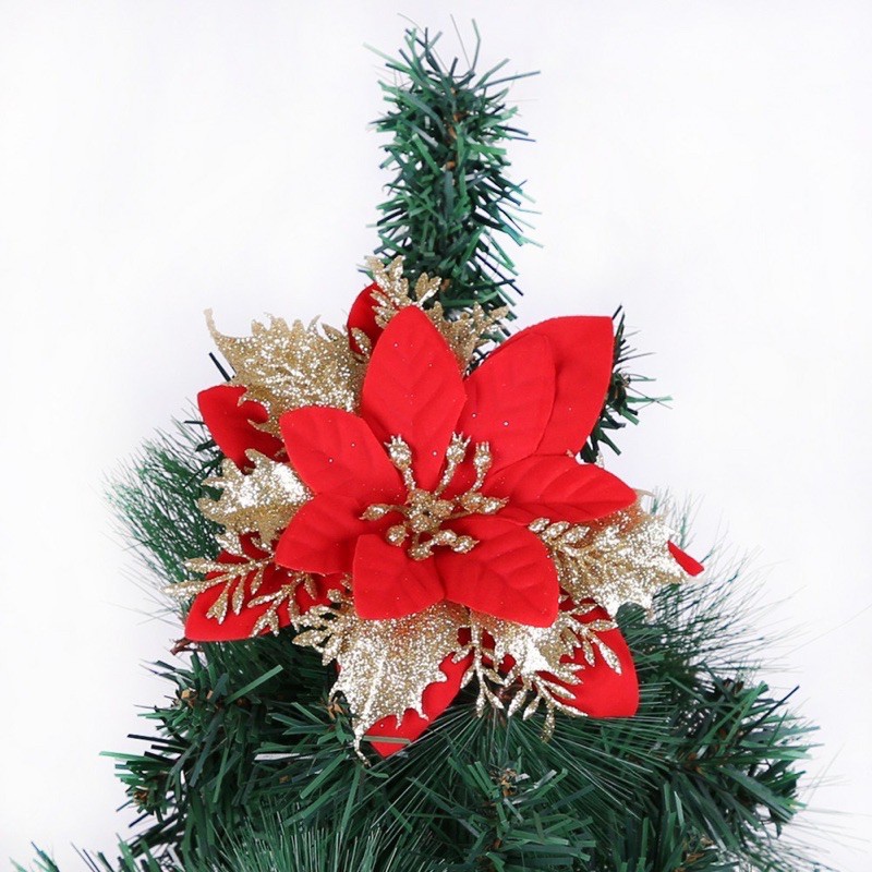 Bông hoa nhũ trang trí Noel, hoa trạng nguyên trang trí giáng sinh (Kích thước 14cm)