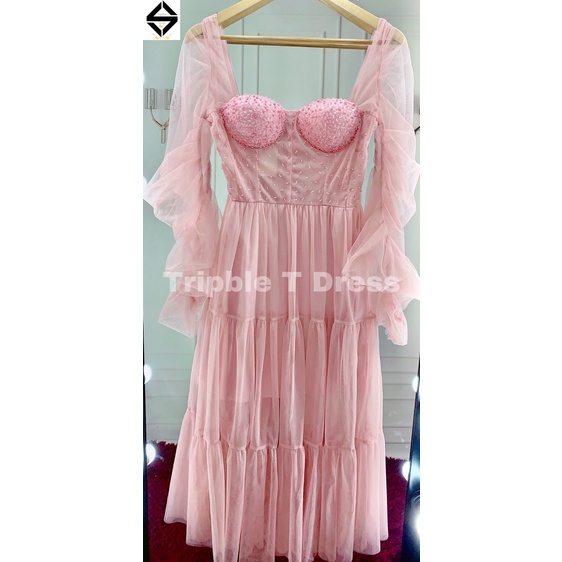 Đầm midi tay dài dún kết cườm sẵn bra ngực siêu xinh TRIPBLE T DRESS - Size M/L - MS297V