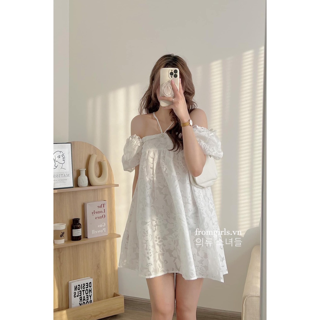 Váy yếm trễ vai, đầm trễ vai buộc dây yếm sexy dáng babydoll - V93