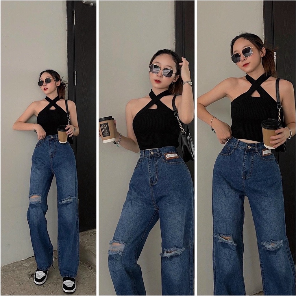 Quần jeans nữ, quần jeans nữ lưng cao ống rộng rách gối cao cấp size S M L SKUQ-22A