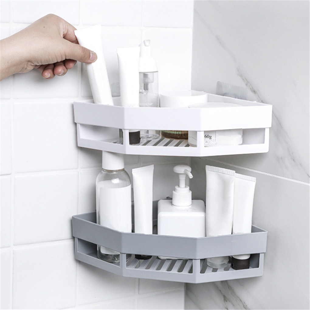 TM-Bathroom Corner Storage Rack Holder Self Adhesive Wall Mounted Shampoo Shower Basket Washing Shelf