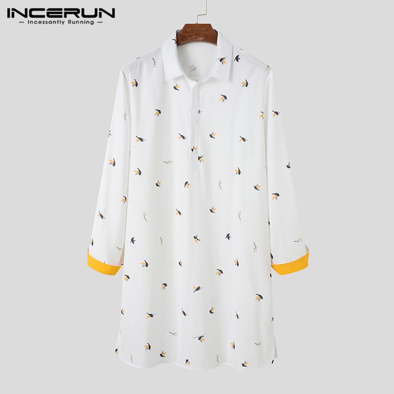 INCERUN Áo Sơ Mi Tay Dài In Họa Tiết Chim Cổ Điển Thời Trang Cho Nam