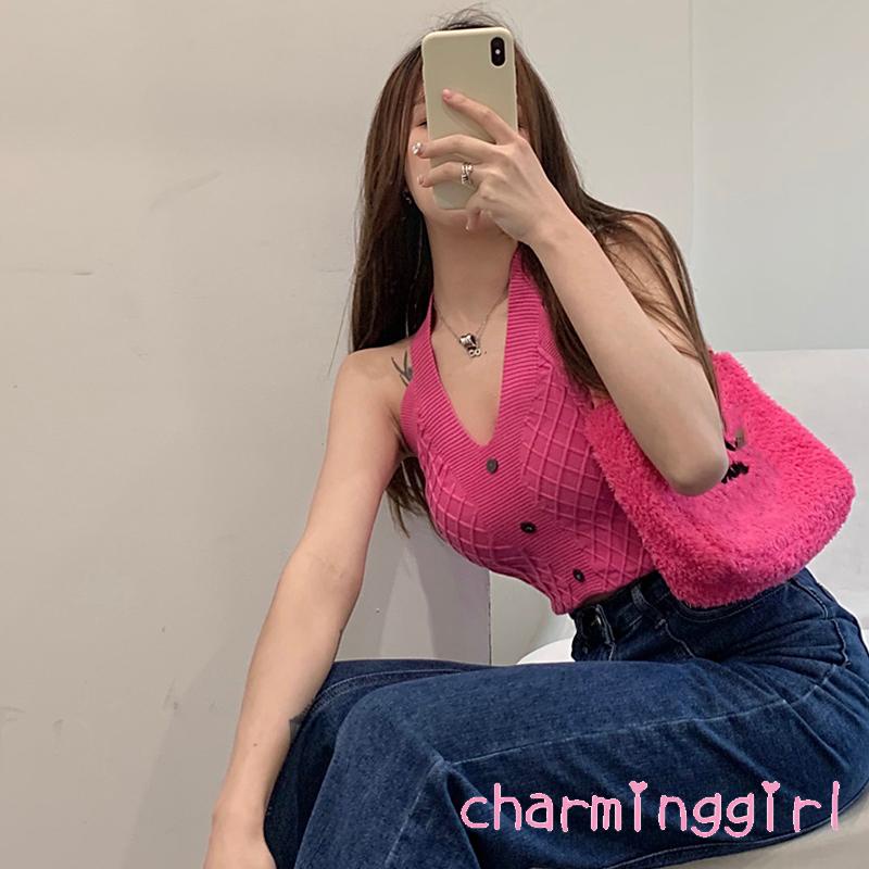 Áo Croptop Dệt Kim Sát Nách Cổ Chữ V Màu Trơn Cài Nút Thời Trang Cho Nữ