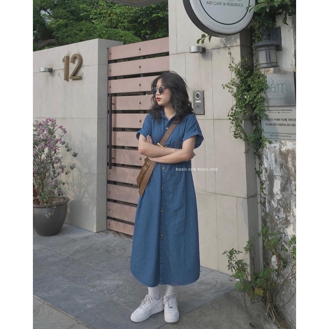 Váy denim suông dáng dài quá bắp chân, váy denim cổ đức cánh dơi Hàn Quốc Bazic one
