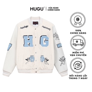 Áo khoác varsity unisex bomber jacket cao cấp màu trắng thêu xù họa tiết Angel Corduroy chính hãng HUGU kèm lớp lót dù