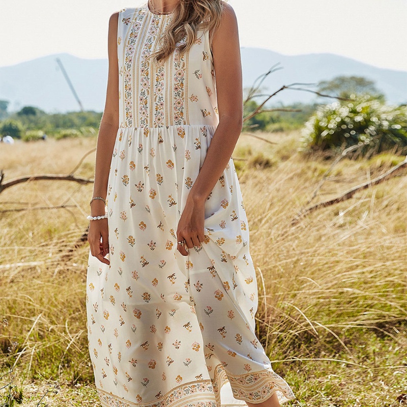 Đầm Dài Cổ Tròn Không Tay Lưng Cao In Họa Tiết Thời Trang Mùa Hè Cho Nữ