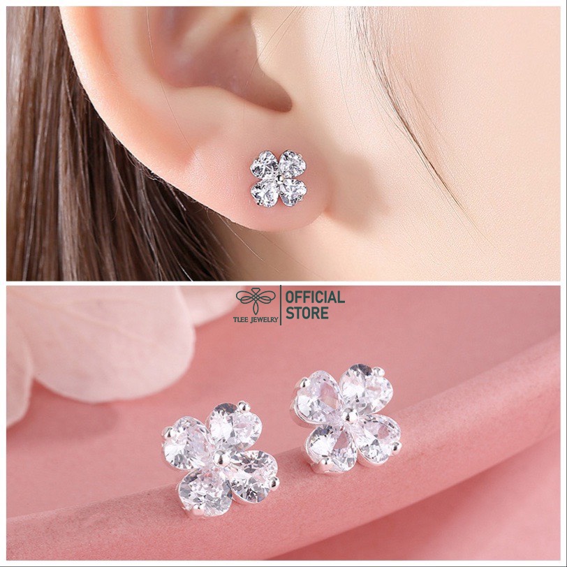 Bông tai bạc nữ TLEE bốn lá đính đá sang trọng TleeJewelry B0123