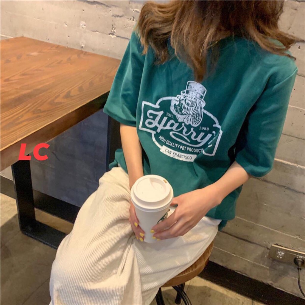 Áo Phông Cộc Tay Form Rộng In Chữ Harry's Nữ - NEm.Clothing Nữ [FREESHIP] - Thun tay lỡ oversize màu xanh rêu cá tính