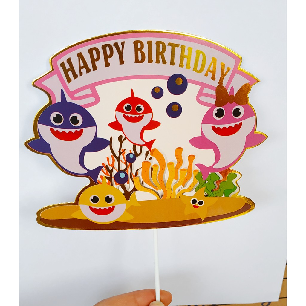 Set 10 hình Baby Shark , Happy birthday ánh kim trang trí bánh kem bánh sinh nhật