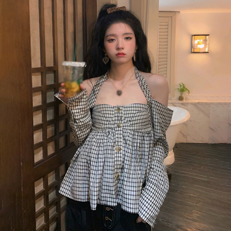 Áo Sơ Mi Tay Dài Dáng Rộng Trễ Vai Họa Tiết Sọc Caro Phong Cách Vintage Hàn Quốc