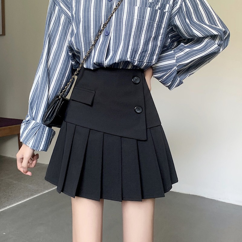 Đen Chân Váy Chữ A Lưng Cao Xếp Ly Lệch Tà Cá Tính Cho Nữ | BigBuy360 - bigbuy360.vn