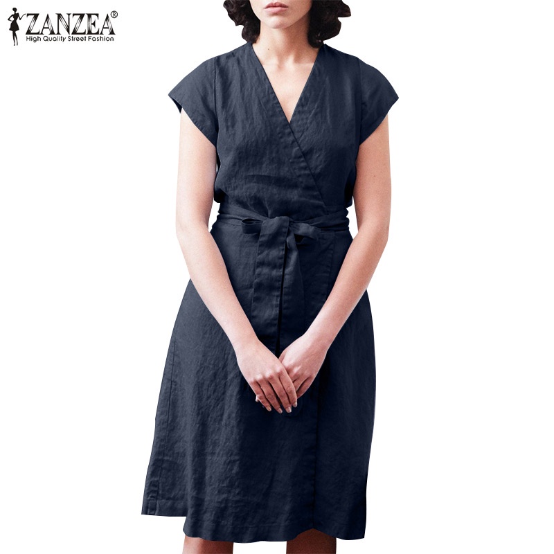 Zanzea Đầm Tay Ngắn Cổ Chữ V Phong Cách Châu Âu Thời Trang Cho Nữ