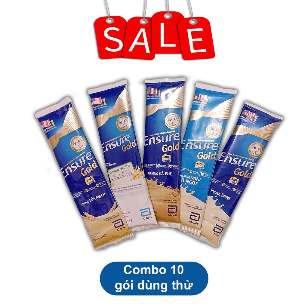 (Date xa) Combo 10 gói sữa bột Ensure Gold 60,6g tăng cường sức khỏe cho người trung niên và cao tuổi
