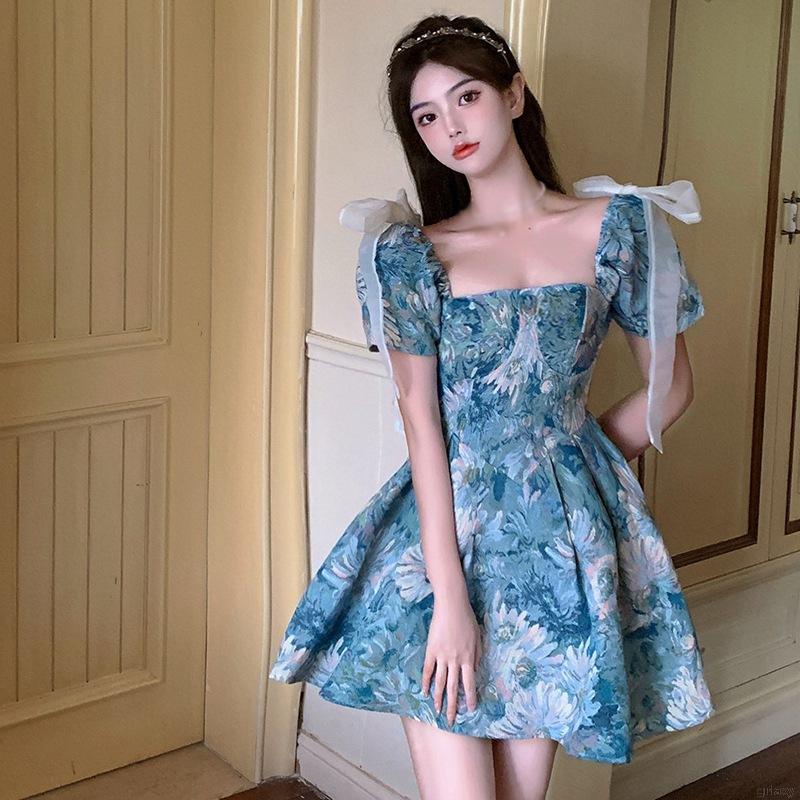 Đầm hoa tay phồng ngắn dáng ôm chiết eo phong cách retro hàn quốc thời trang mùa hè thích hợp cho nữ