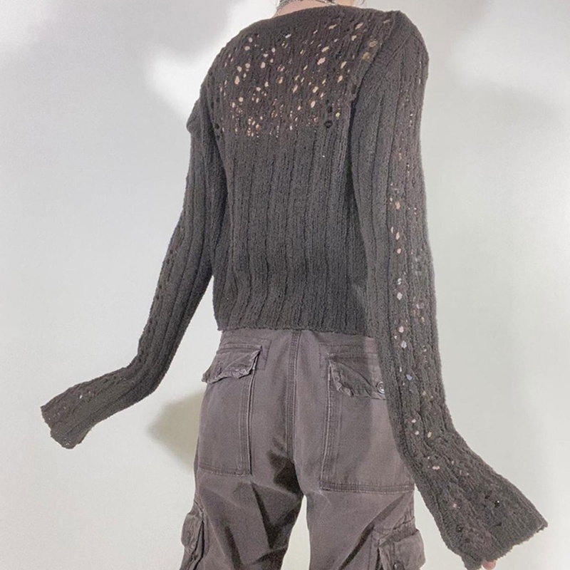 Xiangbao Áo Khoác Cardigan Dệt Kim Tay Dài Dáng Rộng Hở Lỗ Rỗng Màu Nâu Có Dây Buộc Phía Trước