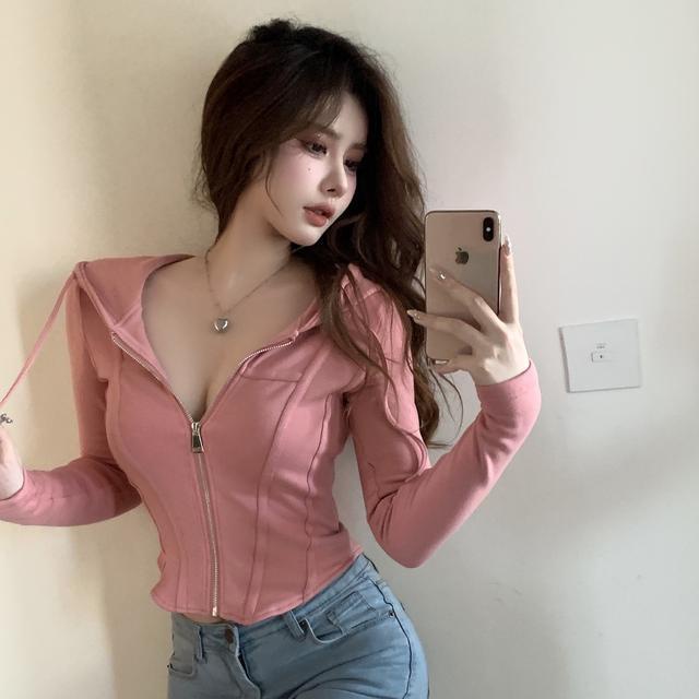 Áo Khoác Hoodie Tay Dài Dáng Ôm Có Khóa Kéo Màu Hồng Thời Trang Xuân Thu Phong Cách Hàn Quốc Cho Nữ
