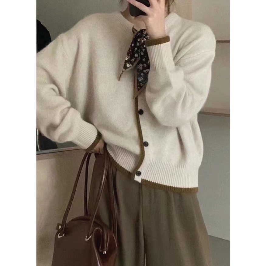 Áo khoác len Vintage cài cúc kèm nơ cổ phong cách Hàn Quốc