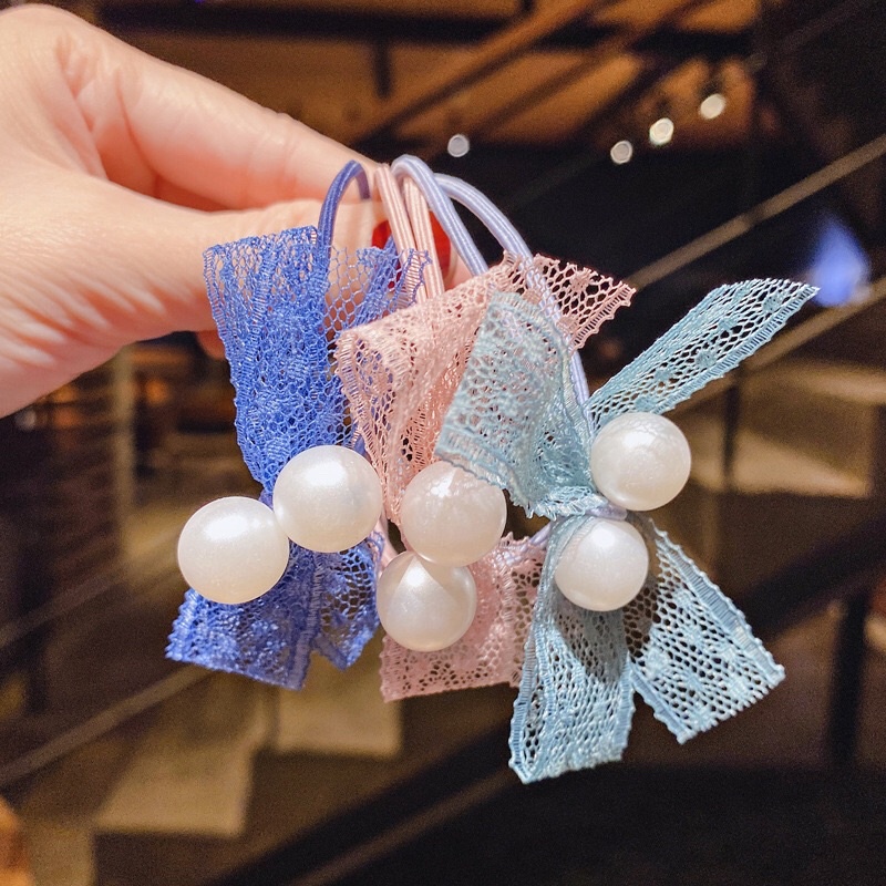 Dây buộc tóc đính nơ ren và hạt châu trắng cute