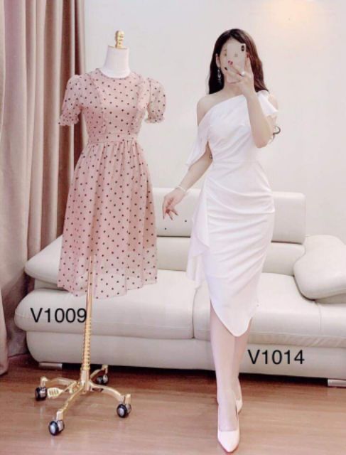 Váy trắng body lệch vai V1014-DVC- Huyền Anh shop- siêu rẻ- siêu chất