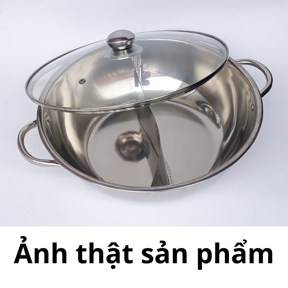 Nồi lẩu Inox Đáy từ 2 ngăn Nắp kính cao cấp mã 20058