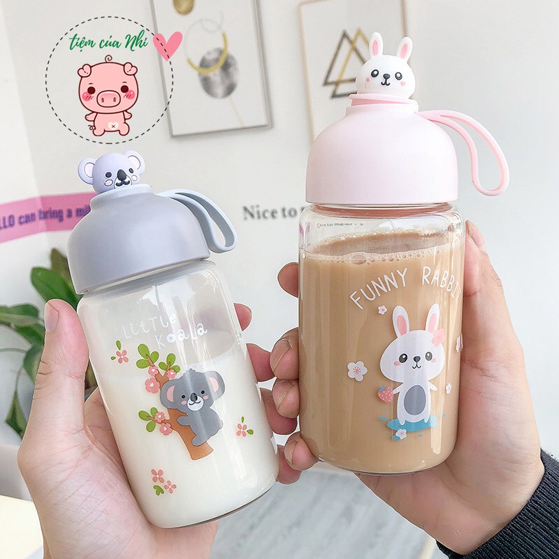 Bình giữ nhiệt bằng sứ có nắp trán gương cao cấp hình gấu, heo 400ml Tiệm Của Nhi