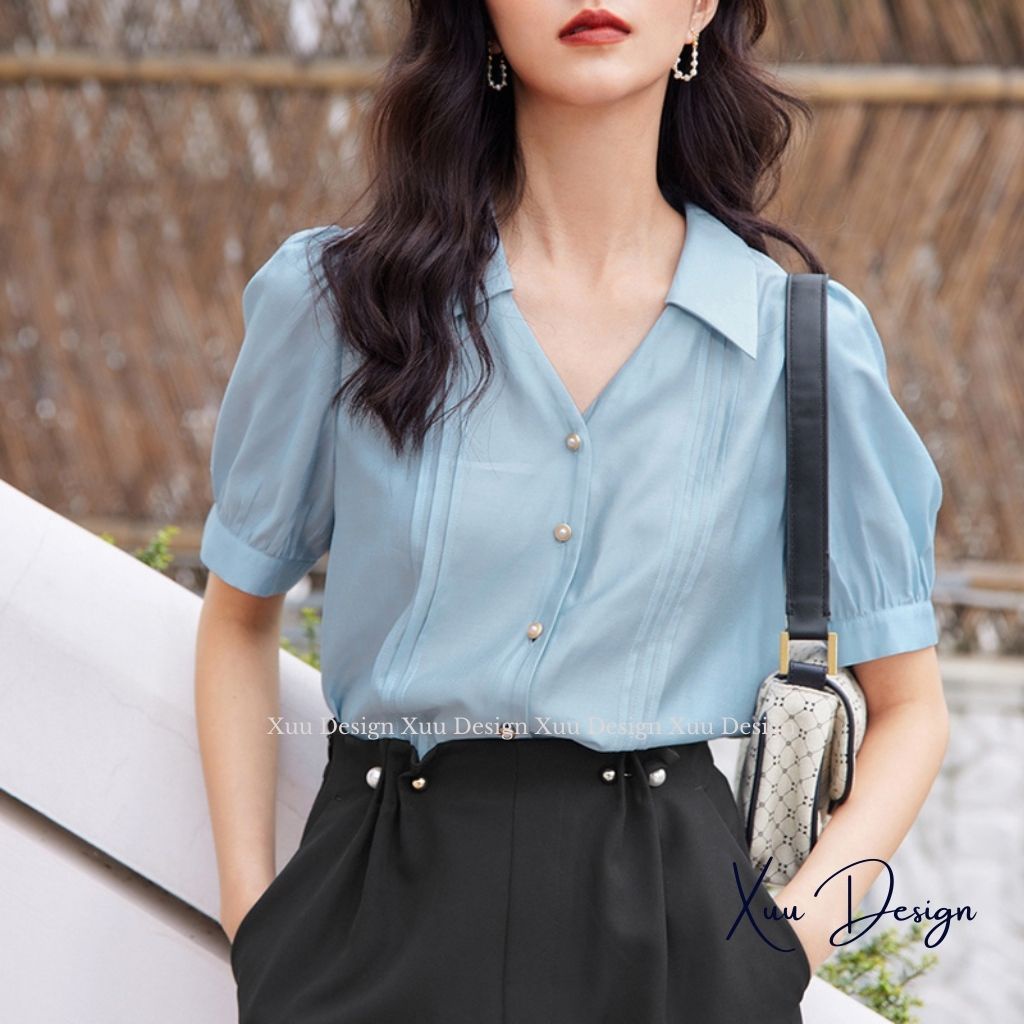 Áo sơ mi nữ cổ V phối sọc tay ngắn Xuu, kiểu dáng suông chất vải lụa mềm mại thoáng mát- SP46