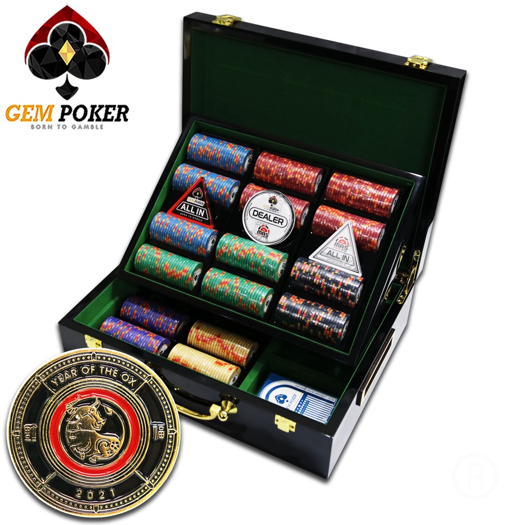 VALI GỖ 500 CHIP POKER SỨ CERAMIC 10G CAO CẤP - GEM TIGER®