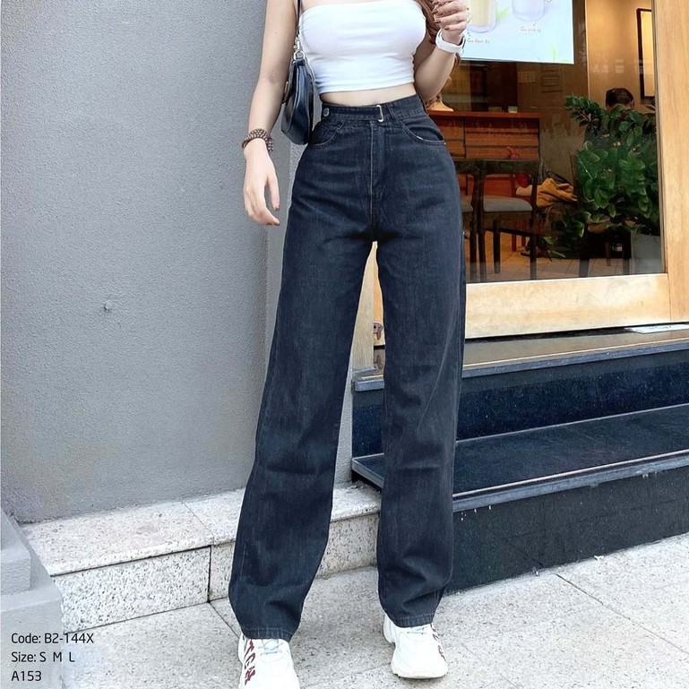 Quần jean nữ ống rộng lưng cao Kpboutique mã B2-144X màu đen, hình shop chụp 100%, cam kết đổi trả nếu không hài lòng