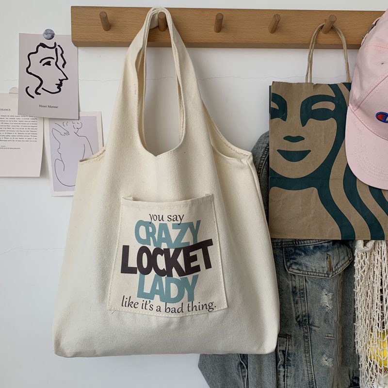 Túi tote vải canvas đi học đi chơi có túi nhỏ xinh in CRAZY LOCKET LADY AH1638