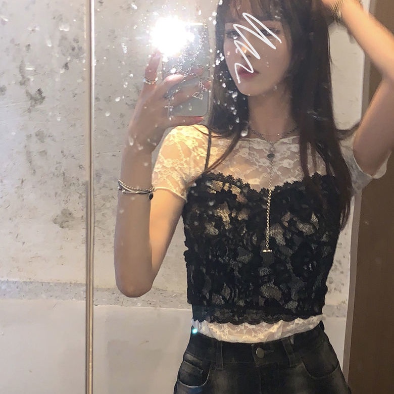 Áo kiểu tay ngắn phối ren rỗng màu trắng thiết kế vải mỏng co giãn thời trang dành cho bạn nữ
