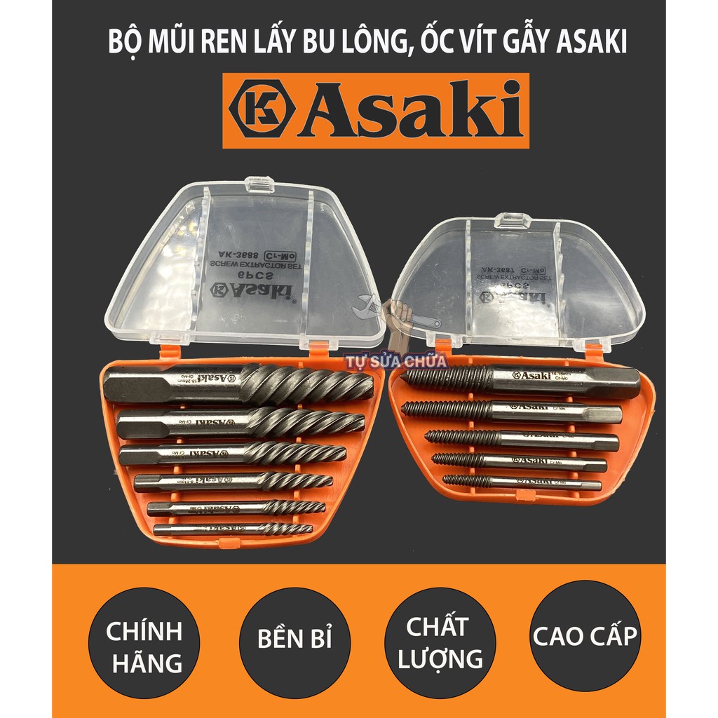 Bộ mũi ren tháo bu lông, ốc vít gãy chính hãng ASAKI AK-3687 và AK-3688