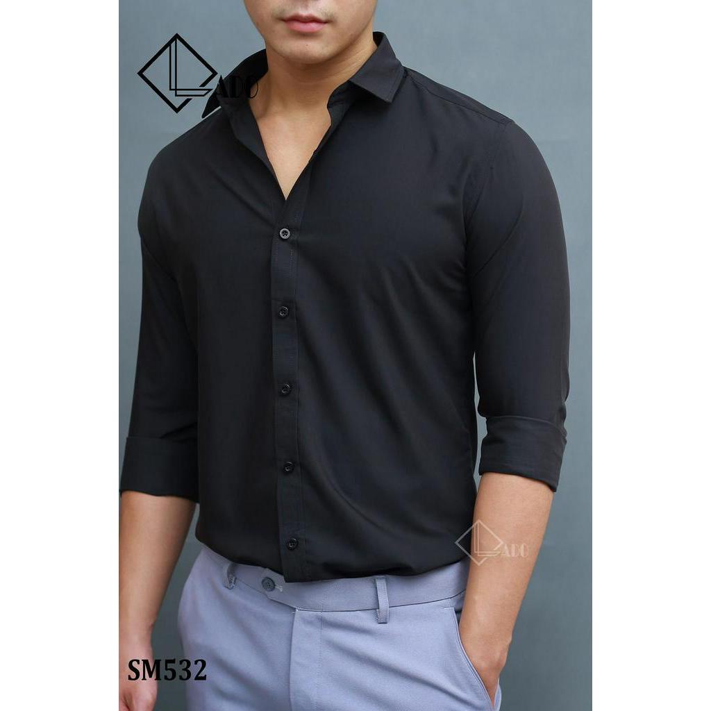 Áo sơ mi lụa trơn màu đen dài tay không nhăn LADO 532