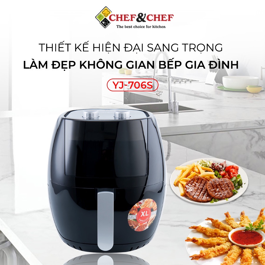 Nồi chiên không dầu CHEF&CHEF 7.7L ( YJ – 706S) nồi hoạt động êm ái, có tay đảo giúp bạn thoải mái mỗi khi sử dụng