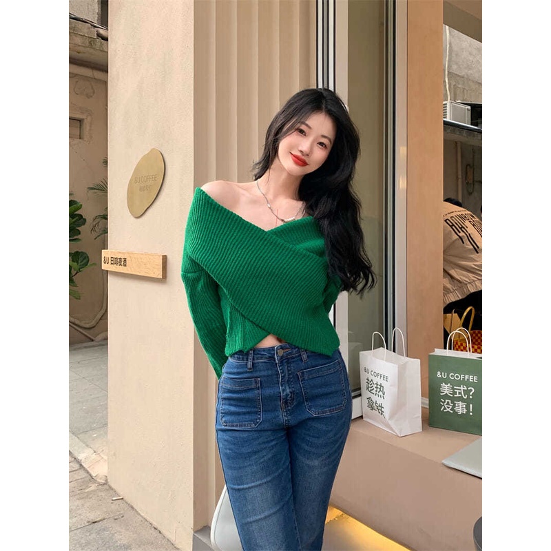 COZOK Áo sweater dệt kim mỏng dáng rộng lệch vai thời trang cho nữ