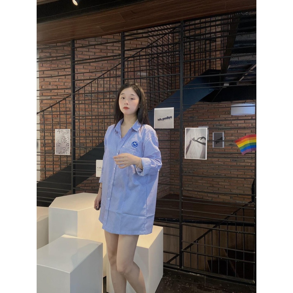 [sẵn] Áo sơ mi Kẻ Mặt cười form rộng Unisex Nam Nữ [ Ảnh Thật ]