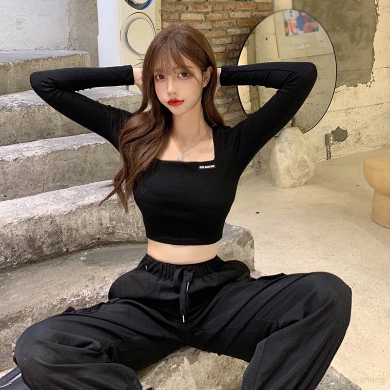Áo Thun Croptop Tay Dài Màu Trơn Thời Trang Cho Nữ