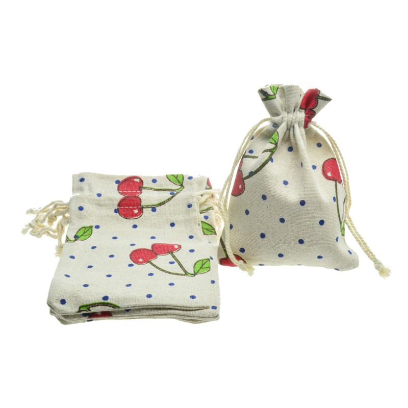 Túi vải nhỏ dây rút vải bố họa tiết quả cherry vintage size 10x14cm - mouse love rice