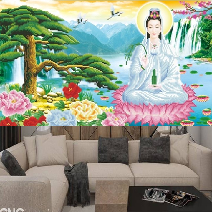 Tranh thêu Quan Âm Bồ Tát cây tùng LV3285 - kích thước: 61 * 40cm. (TRANH CHƯA LÀM)